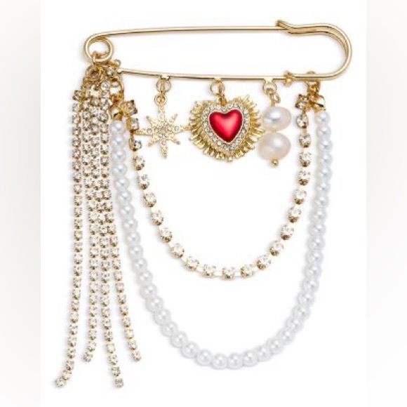 Bloomingdale's Accessories - BLOOMINGDALE'S Golden Embellished Faux Pearl Chain Pin Brooch